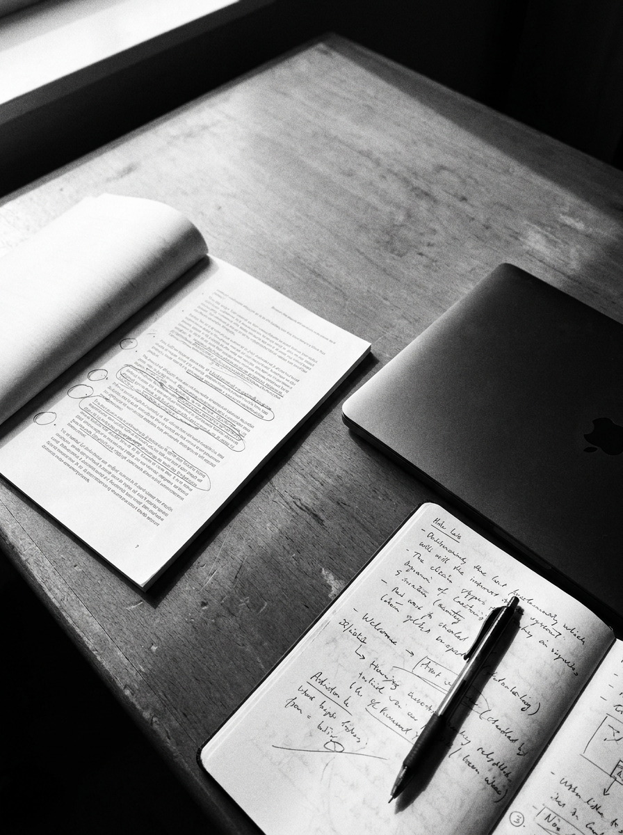 A marked-up printed report, a notebook of handwritten notes and a laptop on a desk, printed in black and white